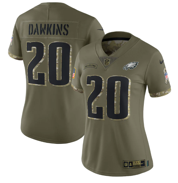 Women's Philadelphia Eagles #20 Brian Dawkins Olive 2022 Salute To Service Limited Stitched Jersey(Run Small)